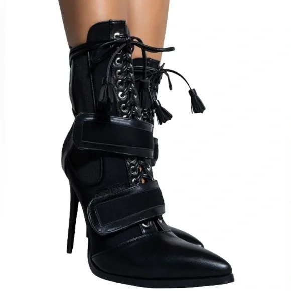 Sexy Black Leather Lace Up High Heel Stiletto Boots - Picture 2 of 4